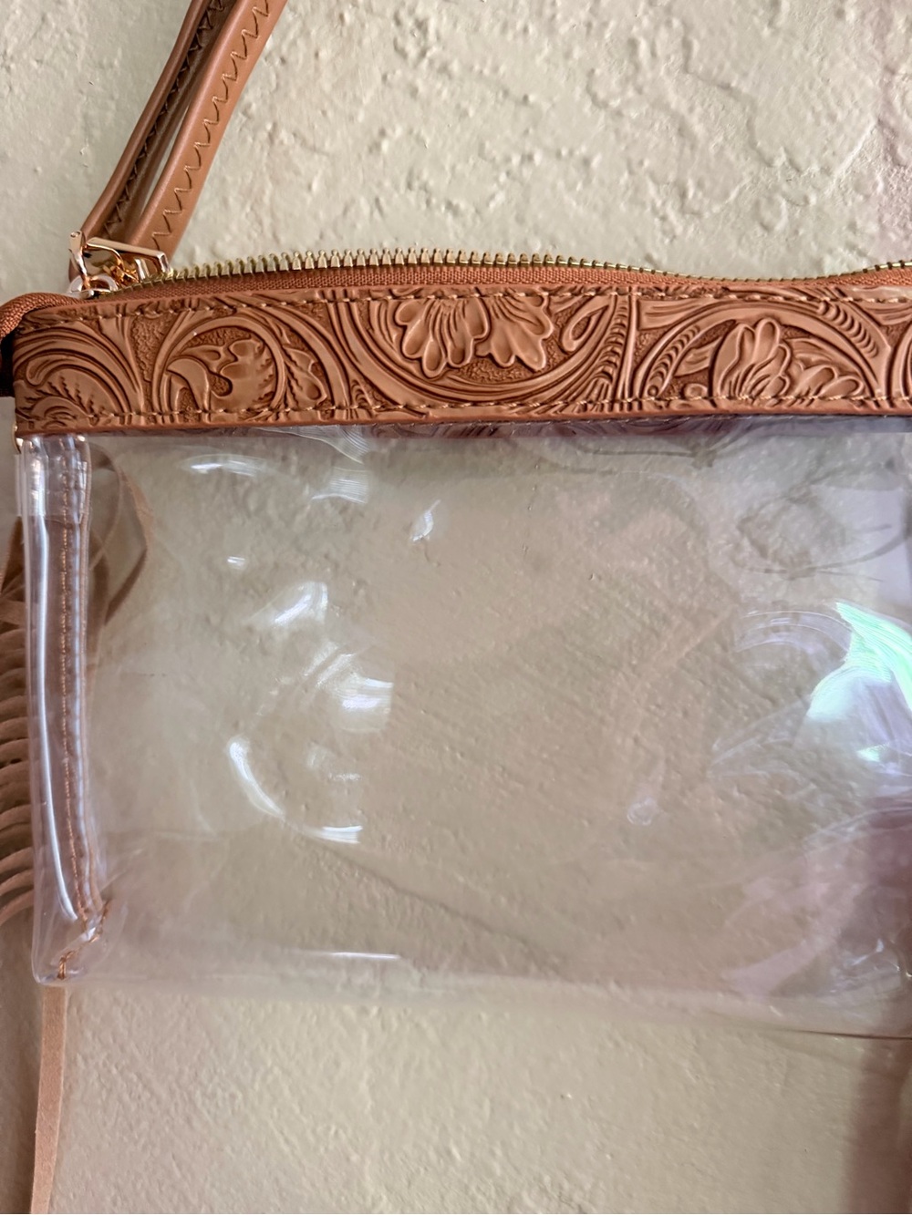 Fringed Clear Crossbody with Tan Leather Trim - Picture 2 of 3